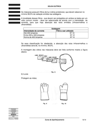 SOLDA ELÉTRICA
____________________________________________________________
____________________________________________________________
Curso de Aperfeiçoamento 18/18
As máscaras possuem filtros de luz (vidros protetores), que devem absorver no
mínimo 99,5% da radiação emitida nas soldagens.
A tonalidade desses filtros - que devem ser protegidos em ambos os lados por um
vidro comum incolor - deve ser selecionada de acordo com a intensidade da
corrente, para que haja absorção dos raios emitidos (infravermelhos e
ultravioletas)
Soldagem
Intensidade da corrente Filtro a ser utilizado
Até 200 àmperes
Entre 200 e 400 àmperes
Acima de 400 àmperes
Nº10
Nº12
Nº14
Se essa classificação for obedecida, a absorção dos raios infravermelhos e
ultravioletas será de, no mínimo, 99,5%.
A montagem dos vidros nas máscaras deve ser feita conforme mostra a figura
abaixo.
b) Luvas
Protegem as mãos;
 
