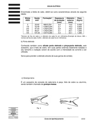 SOLDA ELÉTRICA
____________________________________________________________
____________________________________________________________
Curso de Aperfeiçoamento 22/22
Encontrada a bitola do cabo, obtém-se outra características através da seguinte
tabela:
Bitola
AWG
Seção
mm²
Formação* Espessura
de proteção
(mm)
Diâmetro
externo
(mm)
Peso
(Kg/m)
2
1/0
2/0
3/0
4/0
33,62
53,49
67,43
85,01
107,20
666/0,254
1.036/0,254
1.332/0,254
1.342/0,284
1.647/0,286
2,4
2,7
2,9
3,1
3,3
13,5
16,3
18,2
20,1
22,1
0,435
0,655
0,830
1,040
1,280
*Número de fios do cabo e o diâmetro de cada fio em milímetros.(Exemplo de leitura: 666 =
número de fios do cabo; 0,254 = diâmetro de cada fio em milímetros)
b) Porta eletrodo
Conhecido também como alicate porta eletrodo e pinça-porta eletrodo, este
acessório, que é feito de cobre, tem suas partes externas totalmente isoladas e
seu tamanho e isolação variam de acordo com a intensidade da corrente a ser
utilizada.
Serve para prender o eletrodo através de suas garras de contato;
c) Grampo-terra
É um acessório de conexão do cabo-terra à peça, feito de cobre ou alumínio,
sendo também chamado de grampo-massa.
 