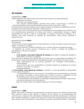 METAPARADGMAS DE ENFERMAGEM
TEORISTAS ORIENTADAS PARA AS NECESSIDADES/PROBLEMAS
SER HUMANO
♣ DOROTHEA E. OREM
SERES HUMANOS são diferenciados das outras coisas vivas por sua capacidade de:
- refletir sobre si mesmos,
- simbolizar o que experimentam,
- usar criações simbólicas(idéias, palavras para pensar, comunicar-se e orientar os
esforços para fazer coisas que são benéficas para si e para outros”(Oren, 1991).
O funcionamento humano integral inclui os aspectos físicos, psicológicos, interpessoais e sociais.
O indivíduo tem potencial para aprender e desenvolver-se.
A forma como o ser humanos preenche as necessidades de autocuidado não é instintiva, mas
um comportamento aprendido. Os fatores que afetam o aprendizado incluem a idade,
capacidade de mental, a cultura, a sociedade e o estado emocional do indivíduo. Se o
indivíduo não pode aprender as medidas de autocuidado, outros devem aprender e
proporciona-los.
♣ WANDA DE AGUIAR HORTA.
SER HUMANO.
. O ser humano é parte integrante do universo dinâmico, e como ta,l sujeito a todas as leis que o
regem, no tempo e no espaço.
. O ser humano está em constante interação com o universo, dando e recebendo energia.
- A dinâmica do universo provoca mudanças que o levam a estados de equilíbrio e
desequilíbrio no tempo e no espaço.
Resulta, pois:
1. O ser humano como parte integrante do universo está sujeito a estados de equilíbrio e
desequilíbrio no tempo e no espaço.
O ser humano se distingue dos demais seres do universo por sua capacidade de reflexão, por
ser dotado do poder de imaginação e simbolização e poder unir presente, passado e futuro.
-Estas características do ser humano permitem sua unicidade, autenticidade e
individualidade.
-O ser humano, por suas características, é também agente de mudanças no universo
dinâmico, no tempo e no espaço;
consequentemente:
2. O ser humano, como agente de mudança, é também a causa de equilíbrio e desequilíbrio
em seu próprio dinamismo.
- Os desequilíbrios geram no ser humano, necessidades que se caracterizam por estados
de tensão conscientes e inconscientes que o levam a buscar a satisfação de tais
necessidades para manter seu equilíbrio dinâmico no tempo e no espaço.
- As necessidades não-atendidas ou atendidas inadequadamente trazem desconforto,
e se este se prolonga é causa de doença.
- Estar com saúde é estar em equilíbrio dinâmico no tempo e espaço
SAÚDE
♣ DOROTHEA E. OREN
SAUDE. Oren apóia a definição da organização mundial de saúde como estado de bem-estar
físico, mental e social e não apenas a ausência de da doença ou da enfermidade. Ela
constata que os aspectos físico, psicológico, interpessoal e social são inseparáveis no indivíduo.
Oren também apresenta a saúde como base do conceito de cuidado preventivo de saúde.
Esse cuidado inclui a promoção e a manutenção da saúde- prevenção primária, o tratamento
18
 