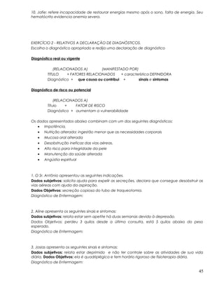 10. Jafie: refere incapacidade de restaurar energias mesmo após o sono, falta de energia. Seu
hematócrito evidencia anemia severa.
EXERCÍCIO 2 - RELATIVOS A DECLARAÇÃO DE DIAGNÓSTICOS.
Escolha o diagnóstico apropriado e redija uma declaração de diagnóstico
Diagnóstico real ou vigente
(RELACIONADOS A) (MANIFESTADO POR)
TITULO + FATORES RELACIONADOS + característica DEFINIDORA
Diagnóstico + que causa ou contribui + sinais e sintomas
Diagnóstico de risco ou potencial
(RELACIONADOS A)
Título + FATOR DE RISCO
Diagnóstico + aumentam a vulnerabilidade
Os dados apresentados abaixo combinam com um dos seguintes diagnósticos:
• Impotência,
• Nutrição alterada: ingestão menor que as necessidades corporais
• Mucosa oral alterada
• Desobstrução ineficaz das vias aéreas.
• Alto risco para integridade da pele
• Manutenção da saúde alterada
• Angústia espiritual
1. O Sr. Antônio apresentou as seguintes indicações.
Dados subjetivos: solicita ajuda para expelir as secreções, declara que consegue desobstruir as
vias aéreas com ajuda da aspiração.
Dados Objetivos: secreção copiosa do tubo de traqueotomia.
Diagnóstico de Enfermagem:
2. Aline apresenta os seguintes sinais e sintomas:
Dados subjetivos: relata estar sem apetite há duas semanas devido à depressão.
Dados Objetivos: perdeu 3 quilos desde a última consulta, está 5 quilos abaixo do peso
esperado.
Diagnóstico de Enfermagem:
3. Josias apresenta os seguintes sinais e sintomas:
Dados subjetivos: relata estar deprimido e não ter controle sobre as atividades de sua vida
diária. Dados Objetivos: ela é quadriplégica e tem horário rigoroso de fisioterapia diária.
Diagnóstico de Enfermagem:
45
 