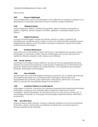TEORIAS DE ENFERMAGEM DE 1859 a 1990
Data Autores
1859 Florence Nightingale
Teoria ambientalista, assume a Enfermagem como diferente da medicina e propõe a sua
organização e o processo administrativo para as tarefas e pessoal assistente.
1952 Hildegard Peplau
Teoria interpessoal, reflete o modelo psicoanalítico vigente; tensões e frustrações se
opõem a objetivos, dando margem a conflitos, agressão e ansiedade. Baseou.se em
Sullivan.
1955 Virginia Henderson
A função da Enfermagem é assistir ao individuo doente ou sadio no desenho de
atividades que contribuem para a saúde ou para uma morte tranqüila: ajudando para a
independência. Baseou-se em Thomdike e se propôs a desenhar o quadro de funções
autônomas da Enfermagem.
1958 Ernestine Wiedenbach
Concentrou-se na arte (prática), tendo como foco a necessidade do paciente, sendo a
Enfermagem um processo nutridor. Diz que a Enfermagem tem quatro elementos de
assistência: filosofia, propósito e arte. 3aseou-se em Orlando.
1959 Doroty Johnson
Sustentada na etnologia e teoria sistêmica, ela diz que há uma regularidade de forças
externas que atuam para preservar a organização e integração do comportamento do
paciente, sendo este um sistema de comportamento. com subsistemas que requerem
proteção, estimulação e Enfermagem.
1960 Faye Abdellah
Aproximação para uma Enfermagem centrada no paciente. Usa o método de resolução
de problemas para lidar com 21 problemas de Enfermagem relacionados com
necessidades dos pacientes, para sustentação, restauração, prevenção, auto-ajuda,
déficit ou excesso de necessidades. Baseou-se em Maslow. I
1960 Josephine Patterson e Loretta Zderad
Enfermagem humanista, a situação dos indivíduos é experienciada existencialmente pelos
enfermeiros; a pessoa é uma unidade holística intelectual; desenvolve o termo
"nursologia”, sendo Enfermagem um ato inter.humano e um ato do ser humano vivo. A
metodologia é baseada na "nursologia" fenomenológica (experimentando, refletindo e
escrevendo).
1985 Joan Rihel Sisca
Síntese de Mead, Rose e Erickson, usando a interação simbólica como forma de relação
enfermeiro- cliente. Aponta para uma filosofia do significado e a comunicação é o
principal ingrediente da interação.
56
 