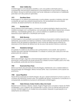 1970 Sister Callista Roy
A Enfermagem é uma disciplina cientifica, com uma prática orientada para a
compreensão dos processos adaptativos e mal-adaptativos no ser humano. Baseou-se
em Helson. Diz que os estimulos podem ser focais, residuais e contextuais e a habilidade
para lidar com eles pode ser aprendida.
1971 Dorothea Orem
Enfermagem é um sistema de ajuda para o autocuidado, quando o indivíduo não tem
condições de suprir seus próprios requerimentos. Há necessidade de autocuidado
universal, de desenvolvimento e de desvios da saúde.
1974 Rosalda Paim
Teoria Sistêmica de Enfermagem, o homem é um sistema biológico aberto que troca
matéria e energia com o ecossistema, com princípios de três ordens: básicos (do universo
sístêmico, necessidades globais, etc.), comuns (relativos à assistência à saúde) e
específicos (que objetivam a facilitação de trocas).
1974 Betty Neuman
A Enfermagem é uma profissão que ajuda indivíduos a buscarem a melhor resposta aos
estressores, que podem ser internos e externos. Cada individuo tem formas de resistência
diversas: linha de resistência (fisiológica), linha normal de defesa (para enfrentar as
doenças) e linha flexível de defesa (uso de recursos mais severos internos e externos).
1978 Madeleine leininger
O cuidado é a essência da prática e do conhecimento. Inclui assistir, dar suporte e
facilitar atos para atender necessidades. O cuidado é cultural, pois cada povo tem seu
próprio jeito de cuidar-se.
1979 Jean Watson
Deriva de Leininger, seguindo a fenomenologia existencial. A Enfermagem assume a
promoção e restauração da saúde através do cuidado humano holístico para uma vida
de qualidade, praticado de forma interpessoal.
1981 Rosemarie Rizzo Parse
Deriva sua teoria dos principias de Mcvtha Rogers, sintetizando com o existencialismo e
fenomenologia de Heidegger, Merlau-Pontye Sartre. Traz o humanismo como oposto ao
positivismo.
1983 Joyce Fitzpatrick
Teoria rítmica baseada em Martha Rogers; diz que o desenvolvimento humano ocorre no
contexto da interação homem-meio, em padrões de tempo, movimento e consciência. A
compreensão da existência humana é central para a Enfermagem.
1983 Helen Erickson, Evelyn Tomlin e Mary Ann Swain
Baseiam-se em Erickson, Maslow, Selyee, Engel e Piaget para conceber a teoria do PaPel-
modelagem, com o objetivo de compreender o modo como os clientes estruturam seu
mundo. A Enfermagem é um modelo de autocuidado, baseado na percepção e na
adaptação aos estressores.
58
 