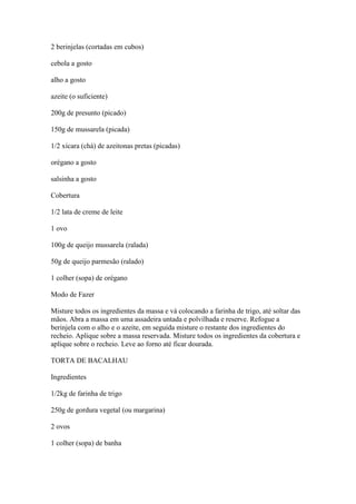2 berinjelas (cortadas em cubos)
cebola a gosto
alho a gosto
azeite (o suficiente)
200g de presunto (picado)
150g de mussa...