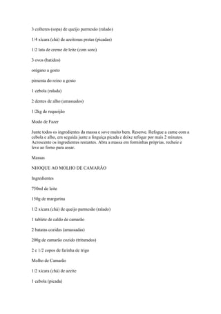 3 colheres (sopa) de queijo parmesão (ralado)
1/4 xícara (chá) de azeitonas pretas (picadas)
1/2 lata de creme de leite (c...