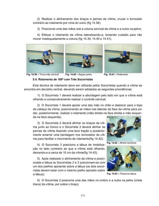 2) Realizar o alinhamento dos braços e pernas da vítima, cruzar o tornozelo
       contrário ao rolamento por cima do outro (fig 14.38);

           3) Posicionar uma das mãos sob a coluna cervical da vítima e a outra na pelve;

         4) Efetuar o rolamento da vítima lateralizando-a, tomando cuidado para não
       mover inadequadamente a coluna (fig 14.39, 14.40 e 14.41).




 Fig. 14.39 – Troca mão cervical   Fig. 14.40 – Segura pelve   Fig. 14.41 – Rolamento

       5.4. Rolamento de 180º com Três Socorristas

      Esta técnica de rolamento deve ser utilizada pelos Socorristas quando a vítima se
encontra em decúbito ventral, devendo serem adotados as seguintes providências:

          1) O Socorrista 1 deverá realizar a abordagem pelo lado em que a vítima está
       olhando e consecutivamente realizar o controle cervical;

          2) O Socorrista 1 deverá apoiar uma das mão no chão e deslocar para o topo
       da cabeça da vítima, posicionando as mãos nas laterais da face da vítima para po-
       der, posteriormente, realizar o rolamento (mão direita na face direita e mão esquer-
       da na face esquerda);

          3) O Socorrista 2 deverá alinhar os braços da víti-
       ma junto ao tronco e o Socorrista 3 deverá alinhar as
       pernas da vítima fazendo uma leve tração e posterior-
       mente amarrar uma bandagem nos tornozelos da víti-
       ma para facilitar o movimento de rolamento(fig 14.42);
                                                                 Fig. 14.42 – Alinha membros
          4) O Socorrista 3 posiciona a tábua de imobiliza-
       ção no lado contrario ao que a vítima está olhando,
       deixando-a a cerca de 10 cm da vítima(fig 14.43);

           5) Após realizado o alinhamento da vítima e posici-
       onada a tábua os Socorristas 2 e 3 posicionam-se com
       um dos joelhos apoiando sobre a tábua (os dois socor-
       ristas devem estar com o mesmo joelho apoiado sobre
       a tábua);                                                 Fig. 14.43 – Posiciona tábua

           6) O Socorrista 2 posiciona uma das mãos no ombro e a outra na pelve (crista
       ilíaca) da vítima, por sobre o braço;


                                                 171
 