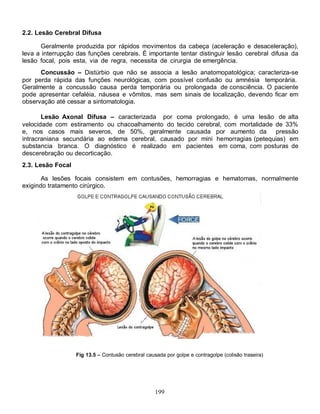 2.2. Lesão Cerebral Difusa

      Geralmente produzida por rápidos movimentos da cabeça (aceleração e desaceleração),
leva a interrupção das funções cerebrais. É importante tentar distinguir lesão cerebral difusa da
lesão focal, pois esta, via de regra, necessita de cirurgia de emergência.
      Concussão – Distúrbio que não se associa a lesão anatomopatológica; caracteriza-se
por perda rápida das funções neurológicas, com possível confusão ou amnésia temporária.
Geralmente a concussão causa perda temporária ou prolongada de consciência. O paciente
pode apresentar cefaléia, náusea e vômitos, mas sem sinais de localização, devendo ficar em
observação até cessar a sintomatologia.

       Lesão Axonal Difusa – caracterizada por coma prolongado, é uma lesão de alta
velocidade com estiramento ou chacoalhamento do tecido cerebral, com mortalidade de 33%
e, nos casos mais severos, de 50%, geralmente causada por aumento da pressão
intracraniana secundária ao edema cerebral, causado por mini hemorragias (petequias) em
substancia branca. O diagnóstico é realizado em pacientes em coma, com posturas de
descerebração ou decorticação.
2.3. Lesão Focal

       As lesões focais consistem em contusões, hemorragias e hematomas, normalmente
exigindo tratamento cirúrgico.




                   Fig 13.5 – Contusão cerebral causada por golpe e contragolpe (colisão traseira)




                                                    199
 