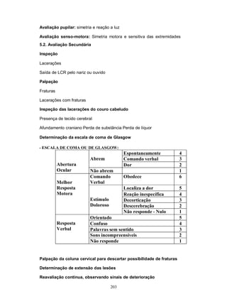 Avaliação pupilar: simetria e reação a luz

Avaliação senso-motora: Simetria motora e sensitiva das extremidades
5.2. Avaliação Secundária

Inspeção

Lacerações

Saída de LCR pelo nariz ou ouvido

Palpação

Fraturas

Lacerações com fraturas

Inspeção das lacerações do couro cabeludo

Presença de tecido cerebral

Afundamento craniano Perda de substância Perda de líquor

Determinação da escala de coma de Glasgow

- ESCALA DE COMA OU DE GLASGOW:
                                             Espontaneamente           4
                          Abrem              Comando verbal            3
           Abertura                          Dor                       2
           Ocular         Não abrem                                    1
                          Comando            Obedece                   6
           Melhor         Verbal
           Resposta                          Localiza a dor            5
           Motora                            Reação inespecífica       4
                          Estímulo           Decorticação              3
                          Doloroso           Descerebração             2
                                             Não responde - Nulo       1
                          Orientado                                    5
           Resposta       Confuso                                      4
           Verbal         Palavras sem sentido                         3
                          Sons incompreensíveis                        2
                          Não responde                                 1


Palpação da coluna cervical para descartar possibilidade de fraturas

Determinação de extensão das lesões

Reavaliação contínua, observando sinais de deterioração

                                     203
 