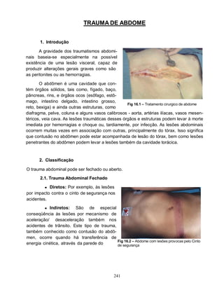 TRAUMA DE ABDOME


       1. Introdução

       A gravidade dos traumatismos abdomi-
nais baseia-se especialmente na possível
existência de uma lesão visceral, capaz de
produzir alterações gerais graves como são
as peritonites ou as hemorragias.

       O abdômen é uma cavidade que con-
tém órgãos sólidos, tais como, fígado, baço,
pâncreas, rins, e órgãos ocos (esôfago, estô-
mago, intestino delgado, intestino grosso,
                                                   Fig 16.1 – Tratamento cirurgico de abdome
reto, bexiga) e ainda outras estruturas, como
diafragma, pelve, coluna e alguns vasos calibrosos - aorta, artérias ilíacas, vasos mesen-
téricos, veia cava. As lesões traumáticas desses órgãos e estruturas podem levar à morte
imediata por hemorragias e choque ou, tardiamente, por infecção. As lesões abdominais
ocorrem muitas vezes em associação com outras, principalmente do tórax. Isso significa
que contusão no abdômen pode estar acompanhada de lesão do tórax, bem como lesões
penetrantes do abdômen podem levar a lesões também da cavidade torácica.



      2. Classificação

O trauma abdominal pode ser fechado ou aberto.

       2.1. Trauma Abdominal Fechado

         ● Diretos: Por exemplo, às lesões
por impacto contra o cinto de segurança nos
acidentes.
         ● Indiretos: São de especial
conseqüência às lesões por mecanismo de
aceleração/ desaceleração também nos
acidentes de trânsito. Este tipo de trauma,
também conhecido como contusão do abdô-
men, ocorre quando há transferência de
                                            Fig 16.2 – Abdome com lesões provocas pelo Cinto
energia cinética, através da parede do      de segurança




                                              241
 