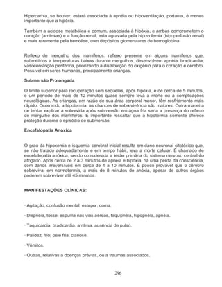 Hipercarbia, se houver, estará associada à apnéia ou hipoventilação, portanto, é menos
importante que a hipóxia.

Também a acidose metabólica é comum, associada à hipóxia, e ambas comprometem o
coração (arritmias) e a função renal, esta agravada pela hipovolemia (hipoperfusão renal)
e mais raramente pela hemólise, com depósitos glomerulares de hemoglobina.


Reflexo de mergulho dos mamíferos: reflexo presente em alguns mamíferos que,
submetidos a temperaturas baixas durante mergulhos, desenvolvem apnéia, bradicardia,
vasoconstrição periférica, priorizando a distribuição do oxigênio para o coração e cérebro.
Possível em seres humanos, principalmente crianças.

Submersão Prolongada

O limite superior para recuperação sem seqüelas, após hipóxia, é de cerca de 5 minutos,
e um período de mais de 12 minutos quase sempre leva à morte ou a complicações
neurológicas. As crianças, em razão de sua área corporal menor, têm resfriamento mais
rápido. Ocorrendo a hipotermia, as chances de sobrevivência são maiores. Outra maneira
de tentar explicar a sobrevida após submersão em água fria seria a presença do reflexo
de mergulho dos mamíferos. É importante ressaltar que a hipotermia somente oferece
proteção durante o episódio de submersão.

Encefalopatia Anóxica


O grau da hipoxemia e isquemia cerebral inicial resulta em dano neuronal citotóxico que,
se não tratado adequadamente e em tempo hábil, leva a morte celular. É chamado de
encefalopatia anóxica, sendo considerada a lesão primária do sistema nervoso central do
afogado. Após cerca de 2 a 3 minutos de apnéia e hipóxia, há uma perda da consciência,
com danos irreversíveis em cerca de 4 a 10 minutos. É pouco provável que o cérebro
sobreviva, em normotermia, a mais de 8 minutos de anóxia, apesar de outros órgãos
poderem sobreviver até 45 minutos.


MANIFESTAÇÕES CLÍNICAS:


· Agitação, confusão mental, estupor, coma.

· Dispnéia, tosse, espuma nas vias aéreas, taquipnéia, hipopnéia, apnéia.

· Taquicardia, bradicardia, arritmia, ausência de pulso.

· Palidez, frio; pele fria; cianose.

· Vômitos.

· Outras, relativas a doenças prévias, ou a traumas associados.



                                               296
 