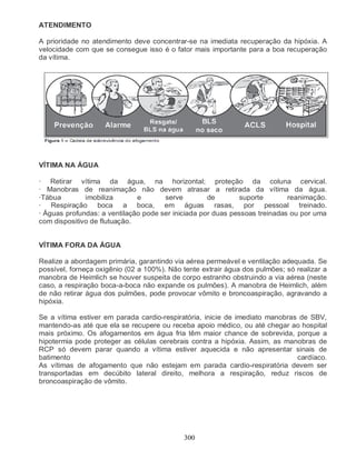 ATENDIMENTO

A prioridade no atendimento deve concentrar-se na imediata recuperação da hipóxia. A
velocidade com que se consegue isso é o fator mais importante para a boa recuperação
da vítima.




VÍTIMA NA ÁGUA

· Retirar vítima da água, na horizontal; proteção da coluna cervical.
· Manobras de reanimação não devem atrasar a retirada da vítima da água.
·Tábua        imobiliza       e       serve         de        suporte       reanimação.
· Respiração boca a boca, em águas rasas, por pessoal treinado.
· Águas profundas: a ventilação pode ser iniciada por duas pessoas treinadas ou por uma
com dispositivo de flutuação.


VÍTIMA FORA DA ÁGUA

Realize a abordagem primária, garantindo via aérea permeável e ventilação adequada. Se
possível, forneça oxigênio (02 a 100%). Não tente extrair água dos pulmões; só realizar a
manobra de Heimlich se houver suspeita de corpo estranho obstruindo a via aérea (neste
caso, a respiração boca-a-boca não expande os pulmões). A manobra de Heimlich, além
de não retirar água dos pulmões, pode provocar vômito e broncoaspiração, agravando a
hipóxia.

Se a vítima estiver em parada cardio-respiratória, inicie de imediato manobras de SBV,
mantendo-as até que ela se recupere ou receba apoio médico, ou até chegar ao hospital
mais próximo. Os afogamentos em água fria têm maior chance de sobrevida, porque a
hipotermia pode proteger as células cerebrais contra a hipóxia. Assim, as manobras de
RCP só devem parar quando a vítima estiver aquecida e não apresentar sinais de
batimento                                                                     cardíaco.
As vítimas de afogamento que não estejam em parada cardio-respiratória devem ser
transportadas em decúbito lateral direito, melhora a respiração, reduz riscos de
broncoaspiração de vômito.




                                            300
 
