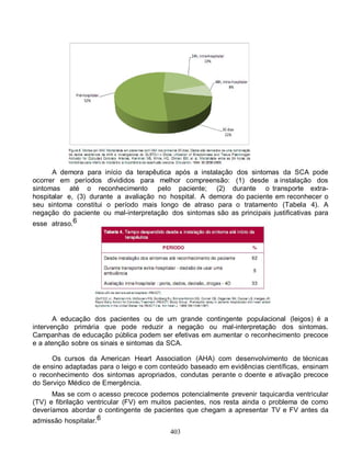 A demora para início da terapêutica após a instalação dos sintomas da SCA pode
ocorrer em períodos divididos para melhor compreensão: (1) desde a instalação dos
sintomas até o reconhecimento pelo paciente; (2) durante o transporte extra-
hospitalar e, (3) durante a avaliação no hospital. A demora do paciente em reconhecer o
seu sintoma constitui o período mais longo de atraso para o tratamento (Tabela 4). A
negação do paciente ou mal-interpretação dos sintomas são as principais justificativas para
esse atraso.6




       A educação dos pacientes ou de um grande contingente populacional (leigos) é a
intervenção primária que pode reduzir a negação ou mal-interpretação dos sintomas.
Campanhas de educação pública podem ser efetivas em aumentar o reconhecimento precoce
e a atenção sobre os sinais e sintomas da SCA.

      Os cursos da American Heart Association (AHA) com desenvolvimento de técnicas
de ensino adaptadas para o leigo e com conteúdo baseado em evidências científicas, ensinam
o reconhecimento dos sintomas apropriados, condutas perante o doente e ativação precoce
do Serviço Médico de Emergência.
      Mas se com o acesso precoce podemos potencialmente prevenir taquicardia ventricular
(TV) e fibrilação ventricular (FV) em muitos pacientes, nos resta ainda o problema de como
deveríamos abordar o contingente de pacientes que chegam a apresentar TV e FV antes da
admissão hospitalar.6
                                          403
 