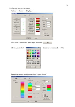 55
10- Alteração das cores do modelo
Options → Colors → Display...
Para alterar a cor do texto, por exemplo, selecionar
Abrirá a janela “Cor” Selecionar a cor desejada → OK
Para alterar as cores dos diagramas, basta ir para “Output”
 