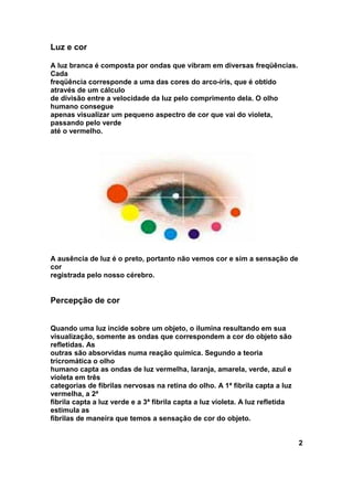 Luz e cor

A luz branca é composta por ondas que vibram em diversas freqüências.
Cada
freqüência corresponde a uma das cores do arco-íris, que é obtido
através de um cálculo
de divisão entre a velocidade da luz pelo comprimento dela. O olho
humano consegue
apenas visualizar um pequeno aspectro de cor que vai do violeta,
passando pelo verde
até o vermelho.




A ausência de luz é o preto, portanto não vemos cor e sim a sensação de
cor
registrada pelo nosso cérebro.


Percepção de cor


Quando uma luz incide sobre um objeto, o ilumina resultando em sua
visualização, somente as ondas que correspondem a cor do objeto são
refletidas. As
outras são absorvidas numa reação química. Segundo a teoria
tricromática o olho
humano capta as ondas de luz vermelha, laranja, amarela, verde, azul e
violeta em três
categorias de fibrilas nervosas na retina do olho. A 1ª fibrila capta a luz
vermelha, a 2ª
fibrila capta a luz verde e a 3ª fibrila capta a luz violeta. A luz refletida
estimula as
fibrilas de maneira que temos a sensação de cor do objeto.


                                                                                2
 
