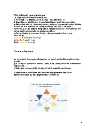 Classificação dos pigmentos 
Os pigmentos são classificados em: 
1- Acromáticos: branco, preto e cinza - não contém cor. 
2- Cromáticos: contém cor e são classificados em três categorias: 
a) Primários: são os pigmentos puros, todas as outras cores são obtidas 
através de sua mistura. As cores primárias são azul – amarelo – 
vermelho, para se obter a cor preta, é necessário que se misturem as três 
cores, assim originando um preto cromático. 
b) Secundários: é a mistura de dois pigmentos primários puros ( 
saturados) 
Amarelo + vermelho = laranja. 
Vermelho + azul = roxo. 
Azul + amarelo = verde. 
Cor complementar 
Na cor o todo é compreendido pelas cores primárias. O complemento é 
aquele 
que falta para completar o todo. Como duas cores primárias formam uma 
secundária, 
então a cor complemento é a cor primária ausente na mistura. 
c) Terciárias: são obtidas pela mistura de pigmentos das cores 
complementares ou dois pigmentos secundários. 
4 
 