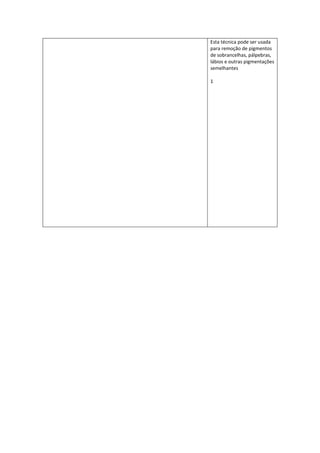 Esta técnica pode ser usada 
para remoção de pigmentos 
de sobrancelhas, pálpebras, 
lábios e outras pigmentações 
semelhantes 
1 
 