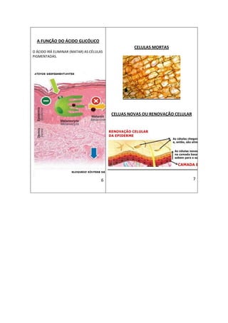 A FUNÇÃO DO ÁCIDO GLICÓLICO 
O ÁCIDO IRÁ ELIMINAR (MATAR) AS CÉLULAS 
PIGMENTADAS. 
6 
CELULAS MORTAS 
CELUAS NOVAS OU RENOVAÇÃO CELULAR 
7 
 