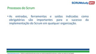 Processos do Scrum
• As entradas, ferramentas e saídas indicadas como
obrigatórias são importantes para o sucesso da
implementação do Scrum em qualquer organização.
www.SiteCampus.com.br - Cadastre-se gratuitamente para acessar ao material preparatório exclusivo e realizar seu exame em português.
 