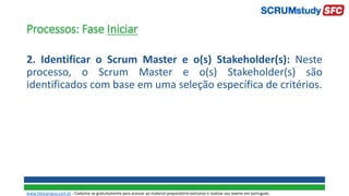 Processos: Fase Iniciar
2. Identificar o Scrum Master e o(s) Stakeholder(s): Neste
processo, o Scrum Master e o(s) Stakeholder(s) são
identificados com base em uma seleção específica de critérios.
www.SiteCampus.com.br - Cadastre-se gratuitamente para acessar ao material preparatório exclusivo e realizar seu exame em português.
 