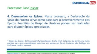 Processos: Fase Iniciar
4. Desenvolver os Épicos: Neste processo, a Declaração da
Visão do Projeto serve como base para o desenvolvimento dos
Épicos. Reuniões do Grupo de Usuários podem ser realizadas
para discutir Épicos apropriados.
* Épicos são Estórias de Usuário com funcionalidades de alto nível. Os Épicos, são geralmente muito
grandes para serem completados pelo time em apenas um Sprint. Portanto, são divididos em
Estórias de Usuário menores.
www.SiteCampus.com.br - Cadastre-se gratuitamente para acessar ao material preparatório exclusivo e realizar seu exame em português.
 