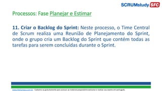 Processos: Fase Planejar e Estimar
11. Criar o Backlog do Sprint: Neste processo, o Time Central
de Scrum realiza uma Reunião de Planejamento do Sprint,
onde o grupo cria um Backlog do Sprint que contém todas as
tarefas para serem concluídas durante o Sprint.
www.SiteCampus.com.br - Cadastre-se gratuitamente para acessar ao material preparatório exclusivo e realizar seu exame em português.
 