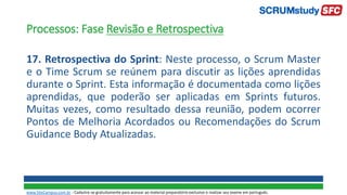 Processos: Fase Revisão e Retrospectiva
17. Retrospectiva do Sprint: Neste processo, o Scrum Master
e o Time Scrum se reúnem para discutir as lições aprendidas
durante o Sprint. Esta informação é documentada como lições
aprendidas, que poderão ser aplicadas em Sprints futuros.
Muitas vezes, como resultado dessa reunião, podem ocorrer
Pontos de Melhoria Acordados ou Recomendações do Scrum
Guidance Body Atualizadas.
www.SiteCampus.com.br - Cadastre-se gratuitamente para acessar ao material preparatório exclusivo e realizar seu exame em português.
 
