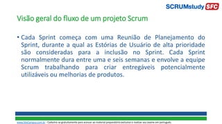 Visão geral do fluxo de um projeto Scrum
• Cada Sprint começa com uma Reunião de Planejamento do
Sprint, durante a qual as Estórias de Usuário de alta prioridade
são consideradas para a inclusão no Sprint. Cada Sprint
normalmente dura entre uma e seis semanas e envolve a equipe
Scrum trabalhando para criar entregáveis potencialmente
utilizáveis ou melhorias de produtos.
www.SiteCampus.com.br - Cadastre-se gratuitamente para acessar ao material preparatório exclusivo e realizar seu exame em português.
 
