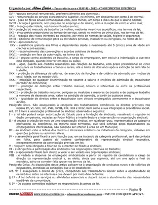 Organizada por: Ailson Carlos – Preparatório para o SEAP-RJ – 2012 – CONHECIMENTOS ESPECÍFICOS 
= = = = = = = = = = = = = = = = = = = = = = = = = == = = = = = = = = = = = = = = = = == = = = Página 9 
CURSO WWW.CURSOADSUMUS.COM – adsumus@cursoadsumus.com - ESTUDE COM QUEM APROVA! 
XV - repouso semanal remunerado, preferencialmente aos domingos; 
XVI - remuneração do serviço extraordinário superior, no mínimo, em cinqüenta por cento à do normal; 
XVII - gozo de férias anuais remuneradas com, pelo menos, um terço a mais do que o salário normal; 
XVIII - licença à gestante, sem prejuízo do emprego e do salário, com a duração de cento e vinte dias; 
XIX - licença-paternidade, nos termos fixados em lei; 
XX - proteção do mercado de trabalho da mulher, mediante incentivos específicos, nos termos da lei; 
XXI - aviso prévio proporcional ao tempo de serviço, sendo no mínimo de trinta dias, nos termos da lei; 
XXII - redução dos riscos inerentes ao trabalho, por meio de normas de saúde, higiene e segurança; 
XXIII - adicional de remuneração para as atividades penosas, insalubres ou perigosas, na forma da lei; 
XXIV - aposentadoria; 
XXV - assistência gratuita aos filhos e dependentes desde o nascimento até 5 (cinco) anos de idade em 
creches e pré-escolas; 
XXVI - reconhecimento das convenções e acordos coletivos de trabalho; 
XXVII - proteção em face da automação, na forma da lei; 
XXVIII - seguro contra acidentes de trabalho, a cargo do empregador, sem excluir a indenização a que este 
está obrigado, quando incorrer em dolo ou culpa; 
XXIX - ação, quanto aos créditos resultantes das relações de trabalho, com prazo prescricional de cinco 
anos para os trabalhadores urbanos e rurais, até o limite de dois anos após a extinção do contrato de 
trabalho; 
XXX - proibição de diferença de salários, de exercício de funções e de critério de admissão por motivo de 
sexo, idade, cor ou estado civil; 
XXXI - proibição de qualquer discriminação no tocante a salário e critérios de admissão do trabalhador 
portador de deficiência; 
XXXII - proibição de distinção entre trabalho manual, técnico e intelectual ou entre os profissionais 
respectivos; 
XXXIII - proibição de trabalho noturno, perigoso ou insalubre a menores de dezoito e de qualquer trabalho 
a menores de dezesseis anos, salvo na condição de aprendiz, a partir de quatorze anos; 
XXXIV - igualdade de direitos entre o trabalhador com vínculo empregatício permanente e o trabalhador 
avulso. 
Parágrafo único. São assegurados à categoria dos trabalhadores domésticos os direitos previstos nos 
incisos IV, VI, VIII, XV, XVII, XVIII, XIX, XXI e XXIV, bem como a sua integração à previdência social. 
Art. 8º É livre a associação profissional ou sindical, observado o seguinte: 
I - a lei não poderá exigir autorização do Estado para a fundação de sindicato, ressalvado o registro no 
órgão competente, vedadas ao Poder Público a interferência e a intervenção na organização sindical; 
II - é vedada a criação de mais de uma organização sindical, em qualquer grau, representativa de categoria 
profissional ou econômica, na mesma base territorial, que será definida pelos trabalhadores ou 
empregadores interessados, não podendo ser inferior à área de um Município; 
III - ao sindicato cabe a defesa dos direitos e interesses coletivos ou individuais da categoria, inclusive em 
questões judiciais ou administrativas; 
IV - a assembléia geral fixará a contribuição que, em se tratando de categoria profissional, será descontada 
em folha, para custeio do sistema confederativo da representação sindical respectiva, 
independentemente da contribuição prevista em lei; 
V - ninguém será obrigado a filiar-se ou a manter-se filiado a sindicato; 
VI - é obrigatória a participação dos sindicatos nas negociações coletivas de trabalho; 
VII - o aposentado filiado tem direito a votar e ser votado nas organizações sindicais; 
VIII - é vedada a dispensa do empregado sindicalizado a partir do registro da candidatura a cargo de 
direção ou representação sindical e, se eleito, ainda que suplente, até um ano após o final do 
mandato, salvo se cometer falta grave nos termos da lei. 
Parágrafo único. As disposições deste artigo aplicam-se à organização de sindicatos rurais e de colônias de 
pescadores, atendidas as condições que a lei estabelecer. 
Art. 9º É assegurado o direito de greve, competindo aos trabalhadores decidir sobre a oportunidade de 
exercê-lo e sobre os interesses que devam por meio dele defender. 
§ 1º - A lei definirá os serviços ou atividades essenciais e disporá sobre o atendimento das necessidades 
inadiáveis da comunidade. 
§ 2º - Os abusos cometidos sujeitam os responsáveis às penas da lei. 
 