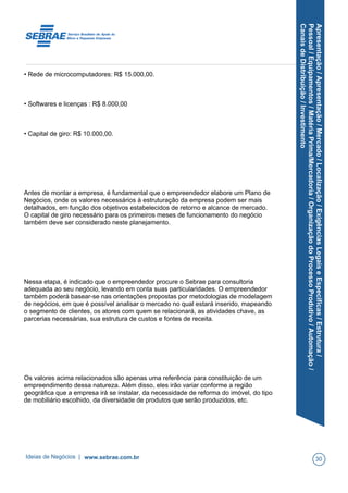 Apresentação/Apresentação/Mercado/Localização/ExigênciasLegaiseEspecíficas/Estrutura/
Pessoal/Equipamentos/MatériaPrima/Mercadoria/OrganizaçãodoProcessoProdutivo/Automação/
CanaisdeDistribuição/Investimento
• Rede de microcomputadores: R$ 15.000,00.
• Softwares e licenças : R$ 8.000,00
• Capital de giro: R$ 10.000,00.
Antes de montar a empresa, é fundamental que o empreendedor elabore um Plano de
Negócios, onde os valores necessários à estruturação da empresa podem ser mais
detalhados, em função dos objetivos estabelecidos de retorno e alcance de mercado.
O capital de giro necessário para os primeiros meses de funcionamento do negócio
também deve ser considerado neste planejamento.
Nessa etapa, é indicado que o empreendedor procure o Sebrae para consultoria
adequada ao seu negócio, levando em conta suas particularidades. O empreendedor
também poderá basear-se nas orientações propostas por metodologias de modelagem
de negócios, em que é possível analisar o mercado no qual estará inserido, mapeando
o segmento de clientes, os atores com quem se relacionará, as atividades chave, as
parcerias necessárias, sua estrutura de custos e fontes de receita.
Os valores acima relacionados são apenas uma referência para constituição de um
empreendimento dessa natureza. Além disso, eles irão variar conforme a região
geográfica que a empresa irá se instalar, da necessidade de reforma do imóvel, do tipo
de mobiliário escolhido, da diversidade de produtos que serão produzidos, etc.
Ideias de Negócios | www.sebrae.com.br 30
 