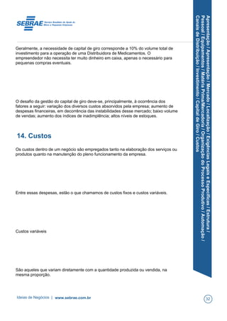 Apresentação/Apresentação/Mercado/Localização/ExigênciasLegaiseEspecíficas/Estrutura/
Pessoal/Equipamentos/MatériaPrima/Mercadoria/OrganizaçãodoProcessoProdutivo/Automação/
CanaisdeDistribuição/Investimento/CapitaldeGiro/Custos
Geralmente, a necessidade de capital de giro corresponde a 10% do volume total de
investimento para a operação de uma Distribuidora de Medicamentos. O
empreendedor não necessita ter muito dinheiro em caixa, apenas o necessário para
pequenas compras eventuais.
O desafio da gestão do capital de giro deve-se, principalmente, à ocorrência dos
fatores a seguir: variação dos diversos custos absorvidos pela empresa; aumento de
despesas financeiras, em decorrência das instabilidades desse mercado; baixo volume
de vendas; aumento dos índices de inadimplência; altos níveis de estoques.
14. Custos
Os custos dentro de um negócio são empregados tanto na elaboração dos serviços ou
produtos quanto na manutenção do pleno funcionamento da empresa.
Entre essas despesas, estão o que chamamos de custos fixos e custos variáveis.
Custos variáveis
São aqueles que variam diretamente com a quantidade produzida ou vendida, na
mesma proporção.
Ideias de Negócios | www.sebrae.com.br 32
 