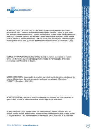 Apresentação/Apresentação/Mercado/Localização/ExigênciasLegaiseEspecíficas/Estrutura/
Pessoal/Equipamentos/MatériaPrima/Mercadoria/OrganizaçãodoProcessoProdutivo/Automação/
CanaisdeDistribuição/Investimento/CapitaldeGiro/Custos/Diversificação/AgregaçãodeValor/
Divulgação/InformaçõesFiscaiseTributárias/Eventos/EntidadesemGeral/NormasTécnicas/
NOME ADOTADO NOS ESTADOS UNIDOS (USAN): nome genérico ou comum
reconhecido pelo Conselho de Nomes Adotados pelos Estados Unidos, o qual pode
ser, também, uma Denominação Comum Internacional, se este nome for recomendado
pela OMS. O Nome Adotado nos Estados Unidos se converte no nome “oficial” desse
país ao introduzir o medicamento na USP, no Formulário Nacional ou na Farmacopéia
Homeopática desse país. (Glosario de Medicamentos:Desarrollo, Evaluación y Uso).
NOMES APROVADOS NO REINO UNIDO (BAN): os nomes aprovados no Reino
Unido são formados ou selecionados pela Comissão da Farmacopéia Britânica e
publicados pelo Ministério da Saúde.
NOME COMERCIAL: designação do produto, para distingui-lo de outros, ainda que do
mesmo fabricante ou da mesma espécie, qualidade ou natureza. (Decreto n.°
79.094/77; Decreto n.° 3.961/01).
NOME DERIVADO: caracteriza o sal ou o éster de um fármaco (ou princípio ativo), e
que contem, ou não, a mesma atividade farmacológica que este último.
NOME SINÔNIMO: são nomes dados por fabricantes ao mesmo fármaco e/ou os
antigos nomes oficiais. Assim como, nomes oficiais adotados em outros países. (Parte
1: Noções Básicas – IV. Nomenclatura de Fármacos. Em: Korolkovas A, Burckhalter
Ideias de Negócios | www.sebrae.com.br 51
 