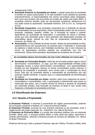 Técnicas em Secretariado – Profª. Kátia J. de Miranda
24
simplesmente LTDA.
Sociedade Anônima ou Sociedade por Ações: o ca...
