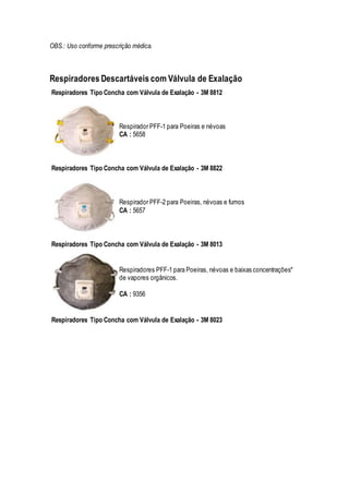 OBS.: Uso conforme prescrição médica.
Respiradores Descartáveis com Válvula de Exalação
Respiradores Tipo Concha com Válvula de Exalação - 3M 8812
Respirador PFF-1 para Poeiras e névoas
CA : 5658
Respiradores Tipo Concha com Válvula de Exalação - 3M 8822
Respirador PFF-2 para Poeiras, névoas e fumos
CA : 5657
Respiradores Tipo Concha com Válvula de Exalação - 3M 8013
Respiradores PFF-1 para Poeiras, névoas e baixas concentrações*
de vapores orgânicos.
CA : 9356
Respiradores Tipo Concha com Válvula de Exalação - 3M 8023
 