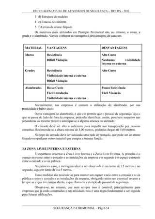 RECICLAGEM ANUAL DE ATIVIDADES DE SEGURANÇA – TRT MS – 2011
3 d) Estrutura de madeira
4 e) Estacas de concreto
5 f) Cercas de arame farpado
Os materiais mais utilizados em Proteção Perimetral são, no entanto, o muro, a
grade e o alambrado. Vamos conhecer as vantagens e desvantagens de cada um.
MATERIAL VANTAGENS DESVANTAGENS
Muros Resistência
Difícil Violação
Alto Custo
Nenhuma visibilidade
interna ou externa
Grades Resistência
Visibilidade interna e externa
Difícil Violação
Alto Custo
Alambrados Baixo Custo
Fácil Instalação
Visibilidade interna e externa
Pouca Resistência
Fácil Violação
Normalmente, nas empresas é comum a utilização do alambrado, por sua
praticidade e baixo custo.
Outra vantagem do alambrado, é que ele permite que o pessoal da segurança veja o
que se passa do lado de fora da empresa, podendo identificar, assim, possíveis suspeitos nas
redondezas ou mesmo prever e antecipar-se a alguma ameaça ou atentado.
O cercado deve ser alto o suficiente para impedir sua transposição por pessoas
estranhas. Recomenda-se a altura mínima de 3,00 metros, podendo chegar até 5,00 metros.
No topo do cercado deve ser colocada uma rede de proteção, que pode ser de arame
farpado ou qualquer outro material que cumpra a mesma função.
3.4 ZONA LIVRE INTERNA E EXTERNA
É importante observar a Zona Livre Interna e a Zona Livre Externa. A primeira é o
espaço existente entre o cercado e as instalações da empresa e o segundo é o espaço existente
entre o cercado e a via pública.
No primeiro caso, a metragem ideal a ser observada é em torno de 15 metros e no
segundo, algo em torno de 4 a 5 metros.
Essas medidas são necessárias para manter um espaço vazio entre o cercado e a via
pública e entre o cercado e as instalações da empresa, obrigando assim um eventual invasor a
ter que se expor em campo aberto, o que chamaria a atenção do pessoal de segurança.
Observe-se, no entanto, que nem sempre isso é possível, principalmente para
empresas que já estão construídas e em atividade, mas é uma regra fundamental a ser seguida
para futuras edificações.
SEGURANÇA PATRIMONIAL – Pág 8/34
 