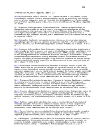 existência desta NR, são os artigos 163 a 165 da CLT. 
104 
NR6 - Equipamentos de Proteção Individual - EPI: Estabelece e define os tipos de EPI's a que as 
empresas estão obrigadas a fornecer a seus empregados, sempre que as condições de trabalho o 
exigirem, a fim de resguardar a saúde e a integridade física dos trabalhadores. A fundamentação 
legal, ordinária e específica, que dá embasamento jurídico à existência desta NR, são os artigos 166 e 
167 da CLT. 
NR7 - Programas de Controle Médico de Saúde Ocupacional: Estabelece a obrigatoriedade de 
elaboração e implementação, por parte de todos os empregadores e instituições que admitam 
trabalhadores como empregados, do Programa de Controle Médico de Saúde Ocupacional - PCMSO, 
com o objetivo de promoção e preservação da saúde do conjunto dos seus trabalhadores. A 
fundamentação legal, ordinária e específica, que dá embasamento jurídico à existência desta NR, são 
os artigos 168 e 169 da CLT. 
NR8 - Edificações: Dispõe sobre os requisitos técnicos mínimos que devem ser observados nas 
edificações para garantir segurança e conforto aos que nelas trabalham. A fundamentação legal, 
ordinária e específica, que dá embasamento jurídico à existência desta NR, são os artigos 170 a 174 
da CLT. 
NR9 - Programas de Prevenção de Riscos Ambientais: Estabelece a obrigatoriedade de elaboração e 
implementação, por parte de todos os empregadores e instituições que admitam trabalhadores como 
empregados, do Programa de Prevenção de Riscos Ambientais - PPRA, visando à preservação da 
saúde e da integridade física dos trabalhadores, através da antecipação, reconhecimento, avaliação e 
conseqüente controle da ocorrência de riscos ambientais existentes ou que venham a existir no 
ambiente de trabalho, tendo em consideração a proteção do meio ambiente e dos recursos naturais. 
A fundamentação legal, ordinária e específica, que dá embasamento jurídico à existência desta NR, 
são os artigos 175 a 178 da CLT. 
NR10 - Instalações e Serviços em Eletricidade: Estabelece as condições mínimas exigíveis para 
garantir a segurança dos empregados que trabalham em instalações elétricas, em suas diversas 
etapas, incluindo elaboração de projetos, execução, operação, manutenção, reforma e ampliação, 
assim como a segurança de usuários e de terceiros, em quaisquer das fases de geração, transmissão, 
distribuição e consumo de energia elétrica, observando-se, para tanto, as normas técnicas oficiais 
vigentes e, na falta destas, as normas técnicas internacionais. A fundamentação legal, ordinária e 
específica, que dá embasamento jurídico à existência desta NR, são os artigos 179 a 181 da CLT. 
NR11 - Transporte, Movimentação, Armazenagem e Manuseio de Materiais: Estabelece os requisitos 
de segurança a serem observados nos locais de trabalho, no que se refere ao transporte, à 
movimentação, à armazenagem e ao manuseio de materiais, tanto de forma mecânica quanto 
manual, objetivando a prevenção de infortúnios laborais. A fundamentação legal, ordinária e 
específica, que dá embasamento jurídico à existência desta NR, são os artigos 182 e 183 da CLT. 
NR12 - Máquinas e Equipamentos: Estabelece as medidas prevencionistas de segurança e higiene do 
trabalho a serem adotadas pelas empresas em relação à instalação, operação e manutenção de 
máquinas e equipamentos, visando à prevenção de acidentes do trabalho. A fundamentação legal, 
ordinária e específica, que dá embasamento jurídico à existência desta NR, são os artigos 184 e 186 
da CLT. 
NR13 - Caldeiras e Vasos de Pressão: Estabelece todos os requisitos técnicos-legais relativos à 
instalação, operação e manutenção de caldeiras e vasos de pressão, de modo a se prevenir a 
ocorrência de acidentes do trabalho. A fundamentação legal, ordinária e específica, que dá 
embasamento jurídico à existência desta NR, são os artigos 187 e 188 da CLT. 
NR14 - Fornos: Estabelece as recomendações técnicos-legais pertinentes à construção, operação e 
manutenção de fornos industriais nos ambientes de trabalho. A fundamentação legal, ordinária e 
específica, que dá embasamento jurídico à existência desta NR, é o artigo 187 da CLT. 
NR15 - Atividades e Operações Insalubres: Descreve as atividades, operações e agentes insalubres, 
inclusive seus limites de tolerância, definindo, assim, as situações que, quando vivenciadas nos 
ambientes de trabalho pelos trabalhadores, ensejam a caracterização do exercício insalubre, e 
também os meios de proteger os trabalhadores de tais exposições nocivas à sua saúde. A 
 
