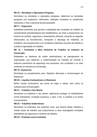 110 
NR 16 – Atividades e Operações Perigosas 
Normatizar as atividades e operações perigosas, determina as atividades 
perigosas com explosivos, inflamáveis, radiações ionizantes ou substâncias 
radioativas, e fixa o adicional de periculosidade. 
NR 17 – Ergonomia 
Estabelece parâmetro que permite a adaptação das condições de trabalho às 
características psicofisiológicas dos trabalhadores, de modo a proporcionar um 
máximo de conforto, segurança e desempenho eficiente, incluindo os aspectos 
relacionados ao levantamento, transporte e descarga de materiais, ao 
mobiliário, aos equipamentos e às condições ambientais do posto de trabalho e 
à própria organização do trabalho. 
NR 18 – Condições e Meio Ambiente de Trabalho na Indústria da 
Construção 
Estabelece as diretrizes de ordem administrativa, de planejamento de 
organização, que objetivam a implementação de medidas de controle e 
sistemas preventivos de segurança nos processos, nas condições e no meio 
ambiente na Indústria da Construção. 
NR 19 - Explosivos 
Normatizar os procedimentos para: Depósito, Manuseio e Armazenagem de 
Explosivos. 
NR 20 – Líquidos Combustíveis e Inflamáveis 
Definir líquido combustível, seu ponto de fulgor e classe, bem como os 
cuidados para armazenagem. 
NR 21 – Trabalho a Céu Aberto 
Normatizar os trabalhos a céu aberto, objetivando proteger os trabalhadores 
contra intempéries, insolação excessiva, o calor, o frio, a umidade e os ventos 
inconvenientes. 
NR 22 – Trabalhos Subterrâneos 
Normatizar as empresas que explorem mina, que deverá adotar métodos e 
manter locais de trabalho que proporcionem a seus empregados condições 
satisfatórias de segurança e medicina do trabalho. 
NR 23 – Proteção contra Incêndios 
 
