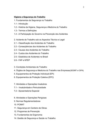 Higiene e Segurança do Trabalho 
1. Fundamentos da Segurança no Trabalho 
1.1 - Introdução 
1.2 - História da Higiene, Segurança e Medicina do Trabalho 
1.3 - Termos e Definições 
1.4 - A Participação do Governo na Prevenção dos Acidentes 
2. Acidente de Trabalho sob os Aspectos Técnico e Legal 
2.1 - Classificação dos Acidentes do Trabalho 
2.2 - Conseqüências dos Acidentes do Trabalho 
2.3 - Causas dos Acidentes do Trabalho 
2.4 - Custos dos Acidentes do Trabalho 
2.5 - Estatística de Acidentes no Brasil 
2.6 - FAP e NTEP 
3. Condições Ambientais de Trabalho 
4. Órgãos de Segurança e Medicina do Trabalho nas Empresas(SESMT e CIPA) 
5. Equipamentos de Proteção Individual (EPI) 
6. Equipamentos de Proteção Coletiva (EPC) 
7. Atividades e Operações Insalubres 
7.1 – Insalubridade e Periculosidade 
7.2 - Aposentadoria Especial 
8. Atividades e Operações Perigosas 
9. Normas Regulamentadoras 
10. PCMAT 
11. Segurança em Canteiro de Obras 
12. Programas de Prevenção 
13. Fundamentos de Ergonomia 
14. Gestão de Segurança e Saúde no Trabalho 
2 
 
