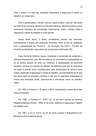 entre o ontem e o hoje das atividades destinadas à segurança e saúde no 
trabalho em nossa terra. 
Com a globalização, o Brasil, não por opção própria, mas por não poder 
se omitir junto aos seus parceiros comerciais externos, abre suas portas a esse 
movimento imperioso de competição internacional, onde a ênfase dada à 
segurança e saúde do trabalho é muito grande. 
Pouco antes disso, o Brasil, inicialmente através das empresas 
multinacionais e depois das empresas nacionais, entra na era da qualidade, 
com a apresentação da “Teoria Z” , da formação dos CCQ – Círculos de 
Controle de Qualidade e das séries de normas para certificação ISO. 
Esse momento histórico causou incertezas à prevenção de acidentes e 
doenças ocupacionais, pois não se sabia se se aproveitava a oportunidade ou 
se se tratava apenas de mais um modismo. A estabilização da economia 
brasileira, através do controle da inflação, foi definitiva para que as empresas 
de médio e grande porte, impulsionadas pela necessidade de diminuir seus 
custos, aderissem à segurança e saúde do trabalho, conscientizando-se de que 
isso fazia parte do processo produtivo e não era um apêndice indesejável no 
interior das empresas (PIZA, Conhecendo e eliminando riscos no trabalho, 
1997). 
Em 1983, a Portaria nº. 33 altera a NR-5, introduzindo a observância dos 
riscos ambientais. 
Em 1988, a Portaria nº. 3.067, de 12 de abril, aprova as Normas 
Regulamentadoras Rurais – NRR (5 ao todo), relativas à segurança e higiene 
do trabalho rural. 
Em 1991, a Lei nº. 8.213, de 24 de junho expede o Regulamento dos 
Benefícios da Previdência Social. 
20 
 