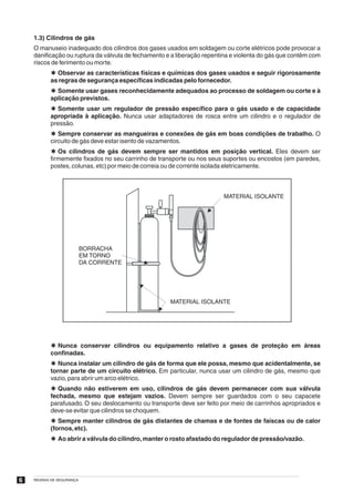 1.3) Cilindros de gás
    O manuseio inadequado dos cilindros dos gases usados em soldagem ou corte elétricos pode provocar a
    danificação ou ruptura da válvula de fechamento e a liberação repentina e violenta do gás que contêm com
    riscos de ferimento ou morte.
           Þ Observar as características físicas e químicas dos gases usados e seguir rigorosamente
           as regras de segurança específicas indicadas pelo fornecedor.
           Þ Somente usar gases reconhecidamente adequados ao processo de soldagem ou corte e à
           aplicação previstos.
           Þ Somente usar um regulador de pressão específico para o gás usado e de capacidade
           apropriada à aplicação. Nunca usar adaptadores de rosca entre um cilindro e o regulador de
           pressão.
           Þ Sempre conservar as mangueiras e conexões de gás em boas condições de trabalho. O
           circuito de gás deve estar isento de vazamentos.
           Þ Os cilindros de gás devem sempre ser mantidos em posição vertical. Eles devem ser
           firmemente fixados no seu carrinho de transporte ou nos seus suportes ou encostos (em paredes,
           postes, colunas, etc) por meio de correia ou de corrente isolada eletricamente.



                                                                        MATERIAL ISOLANTE




                          BORRACHA
                          EM TORNO
                          DA CORRENTE




                                                     MATERIAL ISOLANTE




           Þ Nunca conservar cilindros ou equipamento relativo a gases de proteção em áreas
           confinadas.
           Þ Nunca instalar um cilindro de gás de forma que ele possa, mesmo que acidentalmente, se
           tornar parte de um circuito elétrico. Em particular, nunca usar um cilindro de gás, mesmo que
           vazio, para abrir um arco elétrico.
           Þ Quando não estiverem em uso, cilindros de gás devem permanecer com sua válvula
           fechada, mesmo que estejam vazios. Devem sempre ser guardados com o seu capacete
           parafusado. O seu deslocamento ou transporte deve ser feito por meio de carrinhos apropriados e
           deve-se evitar que cilindros se choquem.
           Þ Sempre manter cilindros de gás distantes de chamas e de fontes de faíscas ou de calor
           (fornos, etc).
           Þ Ao abrir a válvula do cilindro, manter o rosto afastado do regulador de pressão/vazão.




6   REGRAS DE SEGURANÇA
 