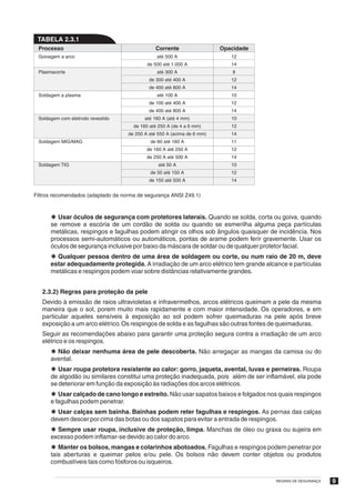 TABELA 2.3.1
 Processo                                      Corrente                  Opacidade
 Goivagem a arco                                até 500 A                   12
                                            de 500 até 1.000 A              14
 Plasmacorte                                    até 300 A                    9
                                             de 300 até 400 A               12
                                             de 400 até 800 A               14
 Soldagem a plasma                              até 100 A                   10
                                             de 100 até 400 A               12
                                             de 400 até 800 A               14
 Soldagem com eletrodo revestido           até 160 A (até 4 mm)             10
                                      de 160 até 250 A (de 4 a 6 mm)        12
                                    de 250 A até 550 A (acima de 6 mm)      14
 Soldagem MIG/MAG                            de 60 até 160 A                11
                                            de 160 A até 250 A              12
                                            de 250 A até 500 A              14
 Soldagem TIG                                    até 50 A                   10
                                             de 50 até 150 A                12
                                             de 150 até 500 A               14


Filtros recomendados (adaptado da norma de segurança ANSI Z49.1)



      Þ Usar óculos de segurança com protetores laterais. Quando se solda, corta ou goiva, quando
      se remove a escória de um cordão de solda ou quando se esmerilha alguma peça partículas
      metálicas, respingos e fagulhas podem atingir os olhos sob ângulos quaisquer de incidência. Nos
      processos semi-automáticos ou automáticos, pontas de arame podem ferir gravemente. Usar os
      óculos de segurança inclusive por baixo da máscara de soldar ou de qualquer protetor facial.
      Þ Qualquer pessoa dentro de uma área de soldagem ou corte, ou num raio de 20 m, deve
      estar adequadamente protegida. A irradiação de um arco elétrico tem grande alcance e partículas
      metálicas e respingos podem voar sobre distâncias relativamente grandes.


   2.3.2) Regras para proteção da pele
   Devido à emissão de raios ultravioletas e infravermelhos, arcos elétricos queimam a pele da mesma
   maneira que o sol, porem muito mais rapidamente e com maior intensidade. Os operadores, e em
   particular aqueles sensíveis à exposição ao sol podem sofrer queimaduras na pele após breve
   exposição a um arco elétrico. Os respingos de solda e as fagulhas são outras fontes de queimaduras.
   Seguir as recomendações abaixo para garantir uma proteção segura contra a irradiação de um arco
   elétrico e os respingos.
      Þ Não deixar nenhuma área de pele descoberta. Não arregaçar as mangas da camisa ou do
      avental.
      Þ Usar roupa protetora resistente ao calor: gorro, jaqueta, avental, luvas e perneiras. Roupa
      de algodão ou similares constitui uma proteção inadequada, pois além de ser inflamável, ela pode
      se deteriorar em função da exposição às radiações dos arcos elétricos.
      Þ Usar calçado de cano longo e estreito. Não usar sapatos baixos e folgados nos quais respingos
      e fagulhas podem penetrar.
      Þ Usar calças sem bainha. Bainhas podem reter fagulhas e respingos. As pernas das calças
      devem descer por cima das botas ou dos sapatos para evitar a entrada de respingos.
      Þ Sempre usar roupa, inclusive de proteção, limpa. Manchas de óleo ou graxa ou sujeira em
      excesso podem inflamar-se devido ao calor do arco.
      Þ Manter os bolsos, mangas e colarinhos abotoados. Fagulhas e respingos podem penetrar por
      tais aberturas e queimar pelos e/ou pele. Os bolsos não devem conter objetos ou produtos
      combustíveis tais como fósforos ou isqueiros.

                                                                                     REGRAS DE SEGURANÇA   9
 