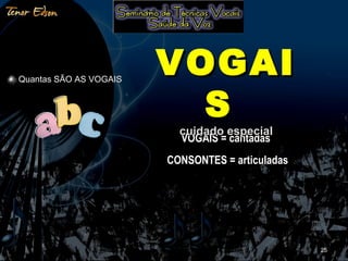 Quantas SÃO AS VOGAISQuantas SÃO AS VOGAIS
VOGAIS = cantadas
CONSONTES = articuladas
2525
VOGAIVOGAI
SS
cuidado especialcuidado especial
 