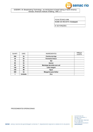 DOERRY, W. Breadmaking Technology - an introduction to bread baking in North America.
Kansas: American Institute of Baking, 1995. v.1.

FICHA TÉCNICA: 010

NOME DA RECEITA: Croissant
N° DE PORÇÕES:

QUANT.

UNID.

INGREDIENTES

500

Gr

Farinha de trigo

30

Gr

Fermento fresco

10

Gr

Sal

60

Gr

Açúcar

40

Gr

Manteiga derretida sem sal

150

Ml

Leite integral

100

Ml

Água

300

Gr

Margarina para folhar

1

Unidade

Ovo

PROCEDIMENTOS OPERACIONAIS

PREÇO
CUSTO

 