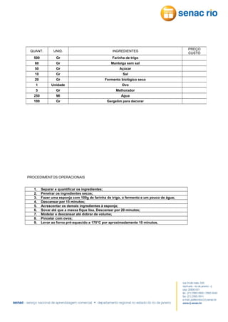 QUANT.

UNID.

INGREDIENTES

500

Gr

Farinha de trigo

60

Gr

Manteiga sem sal

50

Gr

Açúcar

10

Gr

Sal

20

Gr

Fermento biológico seco

1

Unidade

Ovo

5

Gr

Melhorador

250

Ml

Água

100

Gr

Gergelim para decorar

PROCEDIMENTOS OPERACIONAIS
1.
2.
3.
4.
5.
6.
7.
8.
9.

Separar e quantificar os ingredientes;
Peneirar os ingredientes secos;
Fazer uma esponja com 100g de farinha de trigo, o fermento e um pouco de água;
Descansar por 15 minutos;
Acrescentar os demais ingredientes à esponja;
Sovar até que a massa fique lisa. Descansar por 20 minutos;
Modelar e descansar até dobrar de volume;
Pincelar com ovos;
Levar ao forno pré-aquecido a 170°C por aproximadamente 10 minutos.

PREÇO
CUSTO

 