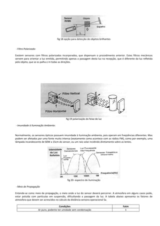 fig 18 opção para detecção de objetos brilhantes 
- Filtro Polarizado: 
Existem sensores com filtros polarizados incorporados, que dispensam o procedimento anterior. Estes filtros mecânicos 
servem para orientar a luz emitida, permitindo apenas a passagem desta luz na recepção, que é diferente da luz refletida 
pelo objeto, que se es palha e m todas as direções. 
fig 19 polarização do feixe de luz 
- Imunidade à Iluminação Ambiente: 
Normalmente, os sensores ópticos possuem imunidade à iluminação ambiente, pois operam em freqüências diferentes. Mas 
podem ser afetados por uma fonte muito intensa (exatamente como acontece com as rádios FM), como por exemplo, uma 
Iâmpada incandescente de 60W a 15cm do sensor, ou um raio solar incidindo diretamente sobre as lentes. 
fig 20- espectro de iluminação 
- Meio de Propagação 
Entende-se como meio de propagação, o meio onde a luz do sensor deverá percorrer. A atmosfera em alguns casos pode, 
estar poluída com partículas em suspensão, dificultando a passagem da luz. A tabela abaixo apresenta os fatores de 
atmosfera que devem ser acrescidos no cálculo da distância sensora operacional Sa. 
Condições Fatm 
Ar puro, podento ter umidade sem condensação 1 
 