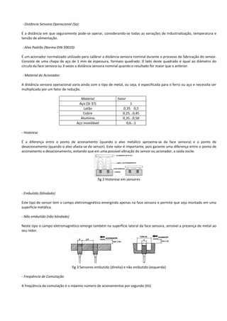 - Distância Sensora Operacional (Sa): 
É a distância em que seguramente pode-se operar, considerando-se todas as variações de industrialização, temperatura e 
tensão de alimentação. 
- Alvo Padrão (Norma DIN 50010): 
É um acionador normalizado utilizado para calibrar a distância sensora nominal durante o processo de fabricação do sensor. 
Consiste de uma chapa de aço de 1 mm de espessura, formato quadrado. 0 lado deste quadrado é iqual ao diâmetro do 
circulo da face sensora ou 3 vezes a distância sensora nominal quando o resultado for maior que o anterior. 
- Material do Acionador: 
A distância sensora operacional varia ainda com o tipo de metal, ou seja, é especificada para o ferro ou aço e necessita ser 
multiplicada por um fator de redução. 
Material Fator 
Aço (St 37) 1 
Latão 0,35 0,5 
Cobre 0,25...0,45 
Alumínio 0,35...0,50 
Aço inoxidável 0,6...1 
- Histerese 
É a diferença entre o ponto de acionamento (quando o alvo metálico aproxima-se da face sensora) e o ponto de 
desacionamento (quando o alvo afasta-se do sensor). Este valor é importante, pois garante uma diferença entre o ponto de 
acionamento e desacionamento, evitando que em uma possível vibração do sensor ou acionador, a saída oscile. 
fig 2 Histerese em sensores 
- Embutido (blindado) 
Este tipo de sensor tem o campo eletromagnético emergindo apenas na face sensora e permite que seja montado em uma 
superfície metálica. 
- Não embutido (não blindado) 
Neste tipo o campo eletromagnético emerge também na superfície lateral da face sensora, sensível a presença de metal ao 
seu redor. 
fig 3 Sensores embutido (direita) e não embutido (esquerda) 
- Freqüência de Comutação 
A freqüência de comutação é o máximo número de acionamentos por segundo (Hz) 
 