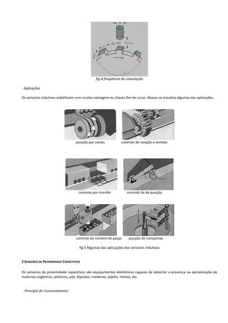 fig 4 freqüência de comutação 
- Aplicações 
Os sensores indutivos substituem com muitas vantagens as chaves fim de curso. Abaixo se visualiza algumas das aplicações. 
posição por cames controle de rotação e sentido 
controle por transfer controle de de posição 
controle do número de peças posição de comportas 
fig 5 Algumas das aplicações dos sensores indutivos 
2 SENSORES DE PROXIMIDADE CAPACITIVOS 
Os sensores de proximidade capacitivos são equipamentos eletrônicos capazes de detectar a presença ou aproximação de 
materiais orgânicos, plásticos, pós, Ilíquidos, madeiras, papéis, metais, etc. 
- Principio de Funcionamento: 
 