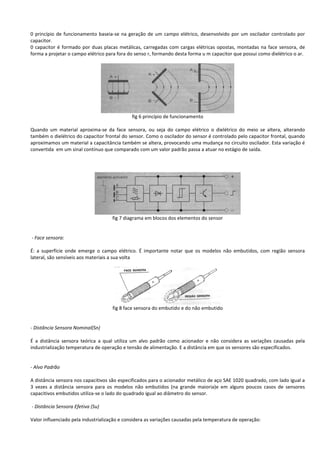 0 princípio de funcionamento baseia-se na geração de um campo elétrico, desenvolvido por um oscilador controlado por 
capacitor. 
0 capacitor é formado por duas placas metálicas, carregadas com cargas elétricas opostas, montadas na face sensora, de 
forma a projetar o campo elétrico para fora do senso r, formando desta forma u m capacitor que possui como dielétrico o ar. 
fig 6 princípio de funcionamento 
Quando um material aproxima-se da face sensora, ou seja do campo elétrico o dielétrico do meio se altera, alterando 
também o dielétrico do capacitor frontal do sensor. Como o oscilador do sensor é controlado pelo capacitor frontal, quando 
aproximamos um material a capacitância também se altera, provocando uma mudança no circuito oscilador. Esta variação é 
convertida em um sinal contínuo que comparado com um valor padrão passa a atuar no estágio de saída. 
fig 7 diagrama em blocos dos elementos do sensor 
- Face sensora: 
É: a superfície onde emerge o campo elétrico. É importante notar que os modelos não embutidos, com região sensora 
lateral, são sensíveis aos materiais a sua volta 
fig 8 face sensora do embutido e do não embutido 
- Distância Sensora Nominal(Sn) 
É a distância sensora teórica a qual utiliza um alvo padrão como acionador e não considera as variações causadas pela 
industrialização temperatura de operação e tensão de alimentação. E a distância em que os sensores são especificados. 
- Alvo Padrão 
A distância sensora nos capacitivos são especificados para o acionador metálico de aço SAE 1020 quadrado, com lado igual a 
3 vezes a distância sensora para os modelos não embutidos (na grande maioria)e em alguns poucos casos de sensores 
capacitivos embutidos utiliza-se o lado do quadrado igual ao diâmetro do sensor. 
- Distância Sensora Efetiva (Su) 
Valor influenciado pela industrialização e considera as variações causadas pela temperatura de operação: 
 
