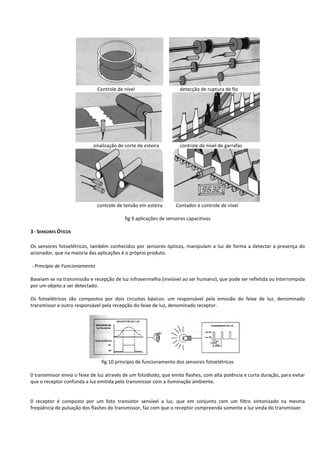 Controle de nível detecção de ruptura de fio 
sinalização de corte de esteira controle de nível de garrafas 
controle de tensão em esteira Contador e controle de nível 
fig 9 aplicações de sensores capacitivos 
3 - SENSORES ÓTICOS 
Os sensores fotoelétricos, também conhecidos por sensores ópticos, manipulam a luz de forma a detectar a presença do 
acionador, que na maioria das aplicações é o próprio produto. 
- Princípio de Funcionamento 
Baseiam-se na transmissão e recepção de luz infravermelha (invisível ao ser humano), que pode ser refletida ou interrompida 
por um objeto a ser detectado. 
Os fotoelétricos são compostos por dois circuitos básicos: um responsável pela emissão do feixe de luz, denominado 
transmissor e outro responsável pela recepção do feixe de luz, denominado receptor. 
fig 10 princípio de funcionamento dos sensores fotoelétricos 
0 transmissor envia o feixe de luz através de um fotodiodo, que emite flashes, com alta potência e curta duração, para evitar 
que o receptor confunda a luz emitida pelo transmissor com a iluminação ambiente. 
0 receptor é composto por um foto transistor sensível a luz, que em conjunto com um filtro sintonizado na mesma 
freqüência de pulsação dos flashes do transmissor, faz com que o receptor compreenda somente a luz vinda do transmissor. 
 