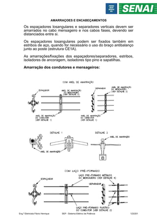 AMARRAÇOES E ENCABEÇAMENTOS
Os espaçadores losangulares e separadores verticais devem ser
amarrados no cabo mensageiro e nos cabos fases, devendo ser
distanciados entre si.
Os espaçadores losangulares podem ser fixados também em
estribos de aço, quando for necessário o uso do braço antibalanço
junto ao poste (estrutura CE1A).
As amarrações/fixações dos espaçadores/separadores, estribos,
isoladores de ancoragem, isoladores tipo pino e sapatilhas.
Amarração dos condutores e mensageiros:
Eng.º Eletricista Flávio Henrique SEP - Sistema Elétrico de Potência 123/201
 