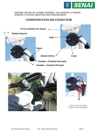 Selador Superior
Capuz
Canaleta – Condutor Principal
Canaleta – Condutor Derivação
Porca Limitadora de Torque
Capa
Selador Inferior Corpo
Utilize as abas laterais para
facilitar o início da instalação
realizada através de contatos dentados, que perfuram a isolação
atingindo o condutor garantindo total estanqueidade.
COMPONENTES DO CONECTOR
COMPONENTES DO CONECTOR
Eng.º Eletricista Flávio Henrique SEP - Sistema Elétrico de Potência 140/201
 