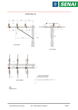 ESTRUTURA - B4
OBS
Medidas em cm
45
80
125
65
60 55
65
60
VISTA SUPERIOR
VISTA FRONTAL
VISTA LATERAL
G2,G3
A
I
O
P
Q
N
G2,G3
K1,K2
M
B
X
G,H
OPÇÃO DE ANCORAGEM
Isolador tipo bastão polimérico
P1
Eng.º Eletricista Flávio Henrique SEP - Sistema Elétrico de Potência 167/201
 